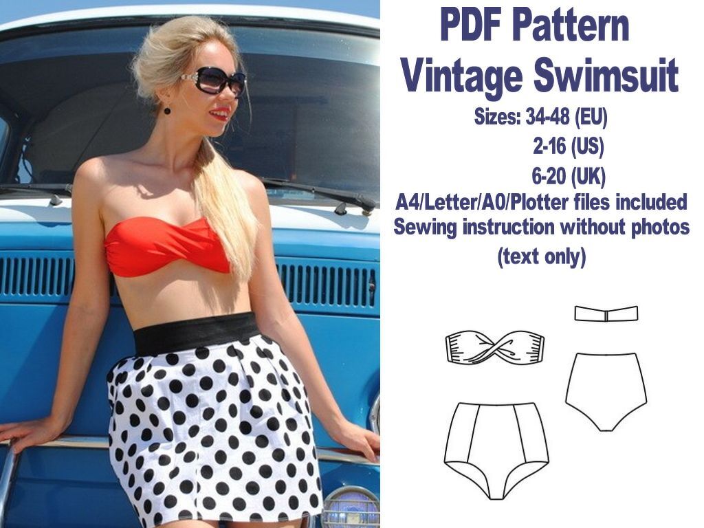 Vintage Swimsuit Sewing Pattern High Waisted Twist Front Bikini Pattern PDF - Image 3