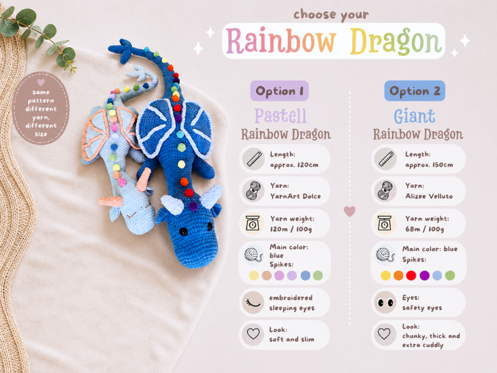 Häkelanleitung: XXL Regenbogen-Drache  | 1 Anleitung - 2 Größen