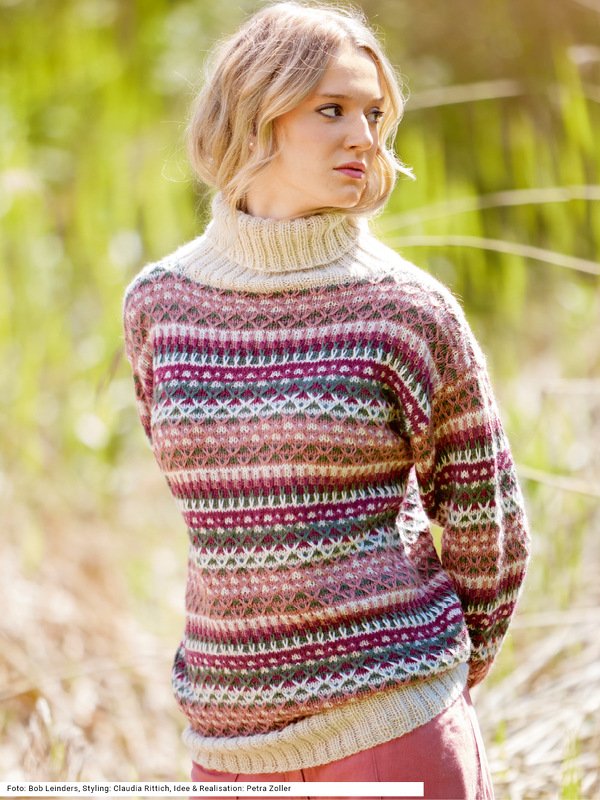 Pulli mit Hebemaschenmustern in Natur, Altrosa, Oliv und Rot