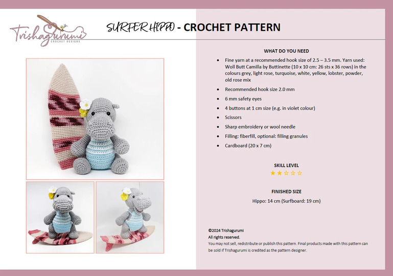 Surfer Hippo Amigurumi Crochet Pattern (in DE, ENG)
