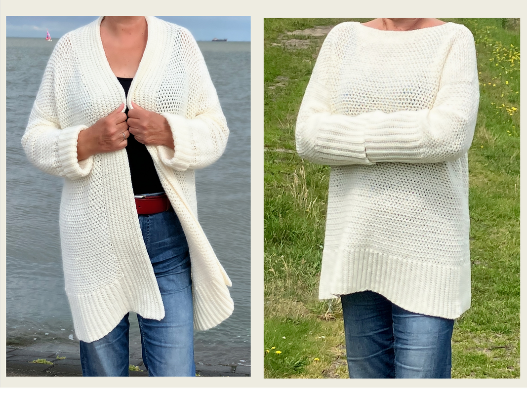 Zwei Fotos einer Person: links offene cremeweiße gehäkelte Jacke mit Rippbündchen, rechts lockerer cremeweißer gehäkelter Pullover