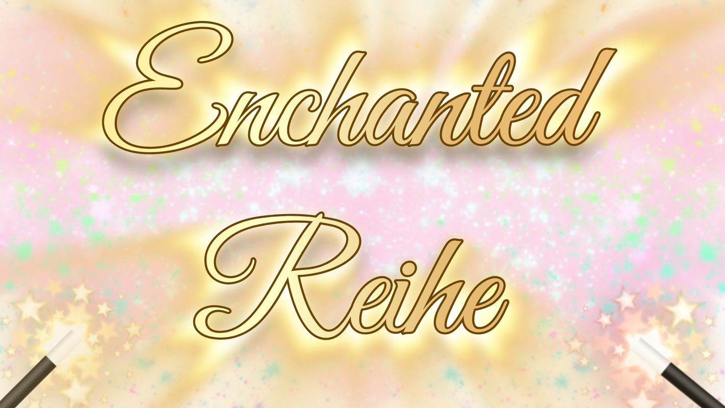 Schriftzug ‚Enchanted Reihe‘ mit Sternen und zwei Zauberstäben auf pastelligem Hintergrund