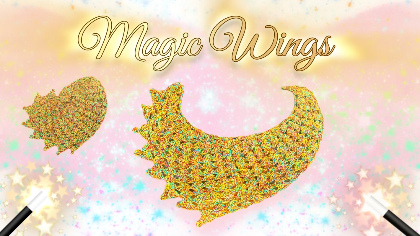 Mehrfarbiges gehäkeltes Dreieckstuch in flügelförmiger Silhouette mit gezacktem Rand vor pastellfarbenem Hintergrund