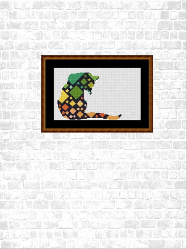 Kreuzstichmuster sitzende Katze Mosaik Herbst, Stickvorlage PDF-Datei