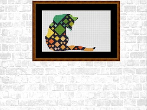 Kreuzstichmuster sitzende Katze Mosaik Herbst, Stickvorlage PDF-Datei