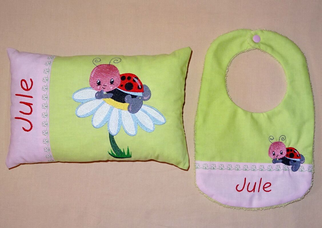 Stickdatei - Käfer Marienkäfer auf Blume Kissen und Lätzchen SET ITH