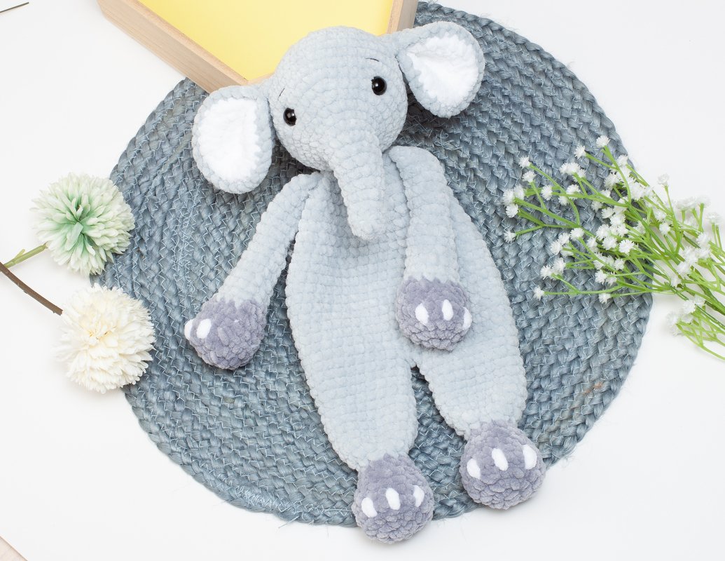 Elephant lovey crochet pattern, elephant snuggler, baby comforter toy