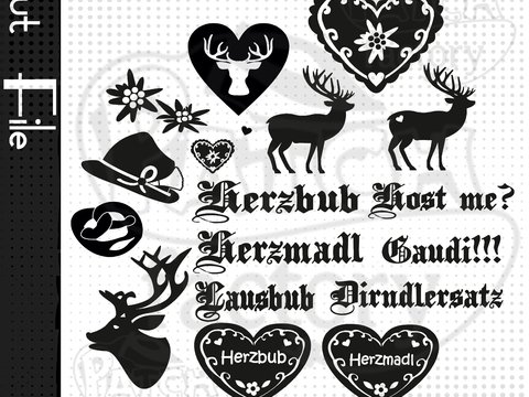 Plotterdatei Oktoberfest, Tracht, Brezel, Edelweiß, Dirndl, Hirsch, Herz