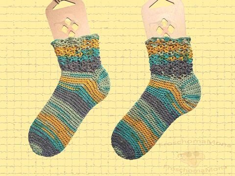 gehäkelte Socken „grüne Minna“ Häkelsocken einfach + gratis Druckbanderolen