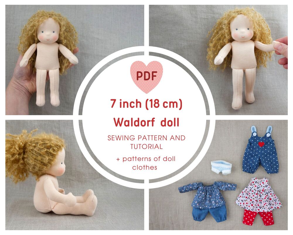 7-inch (18 cm) Waldorf-style cloth doll with curly hair in several poses and a set of tiny doll clothes laid out