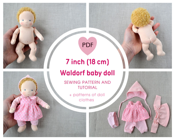 DIY Waldorf baby doll 7 inch (18 cm) tall. PDF sewing pattern and tutorial