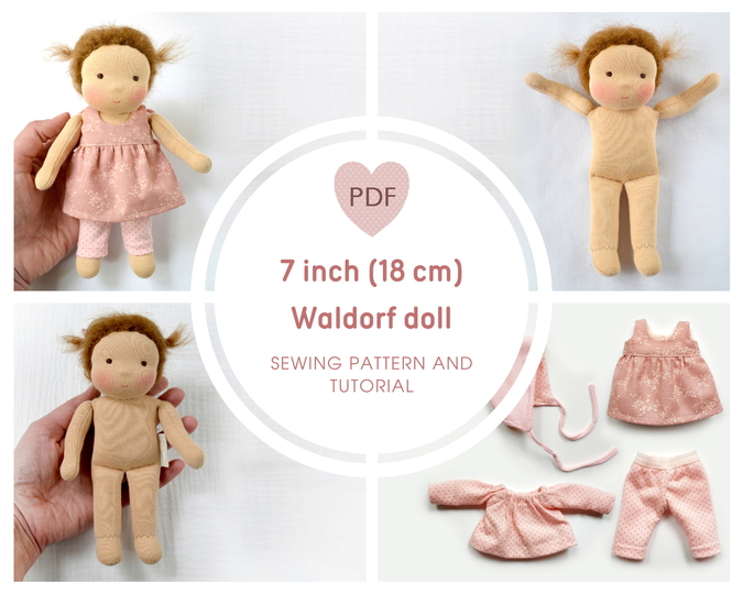 DIY Waldorf classic doll 7 inch/18 cm tall. PDF sewing pattern and tutorial