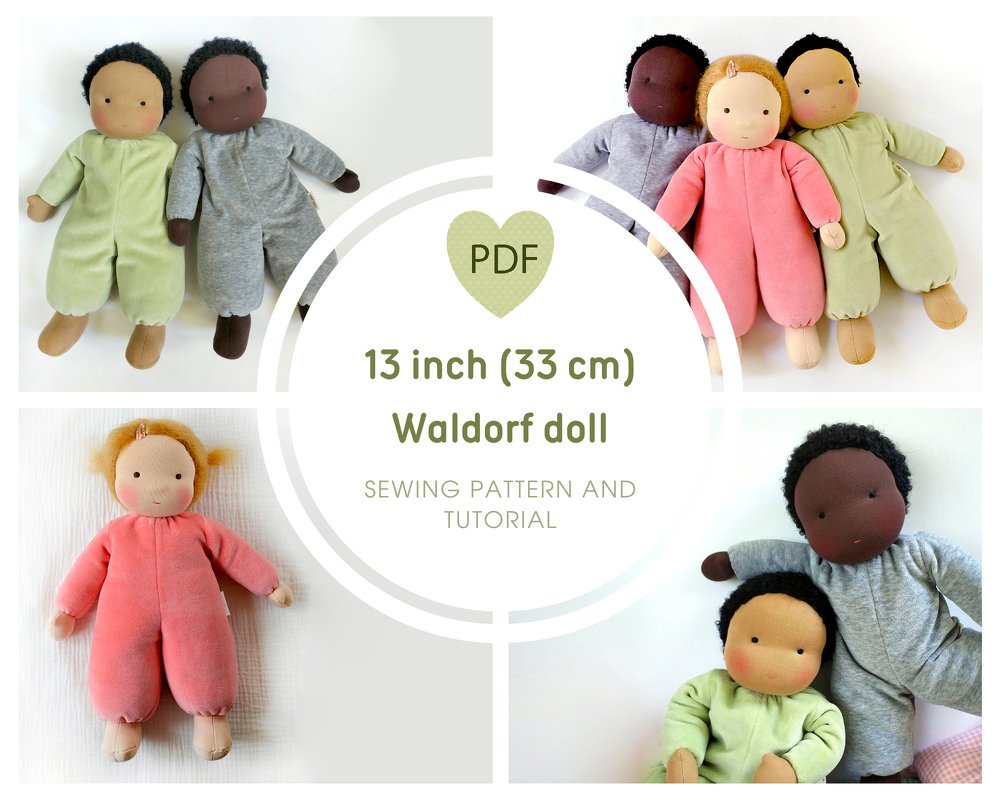 DIY Waldorf cuddly doll 13 inch/33 cm tall. PDF sewing pattern and tutorial