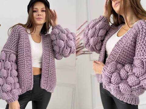 Handknitted Chunky Knit Cardigan, Bubble Sleeve Oversized Cardigan