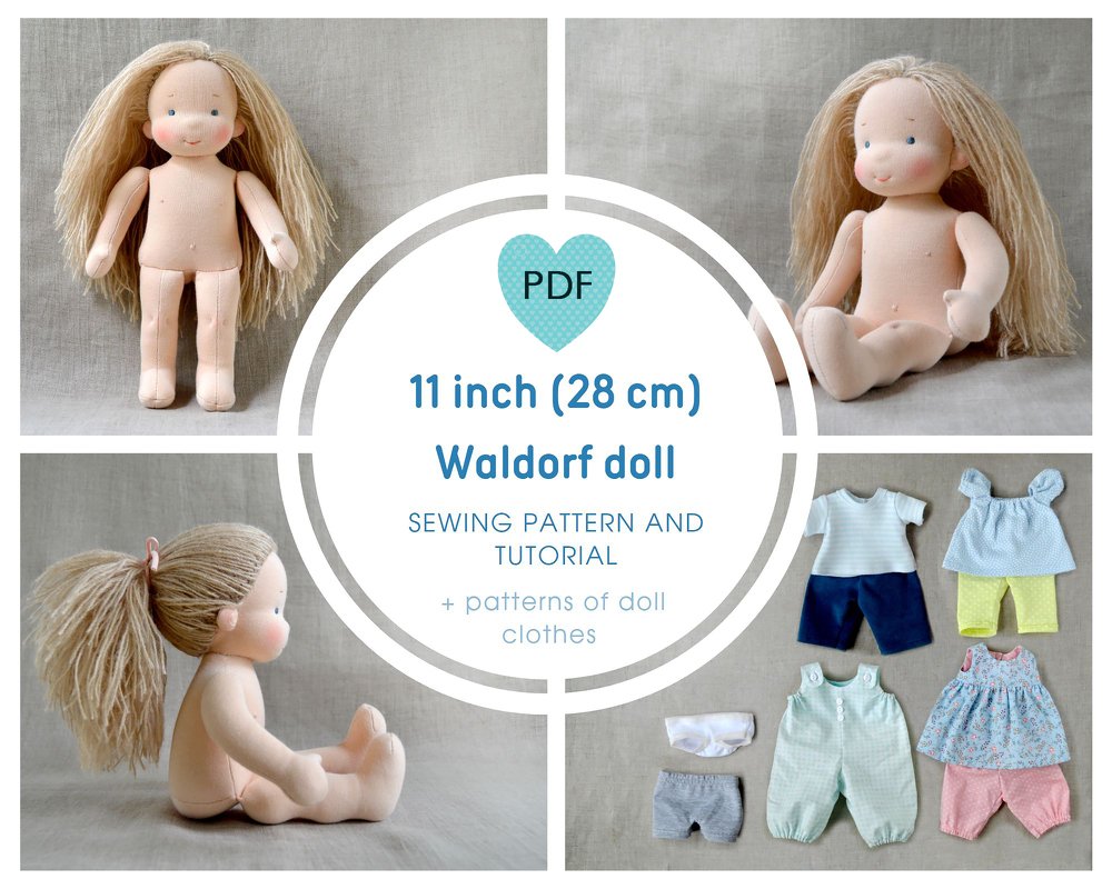 DIY Waldorf doll 11''/28cm tall. PDF pattern and tutorial.