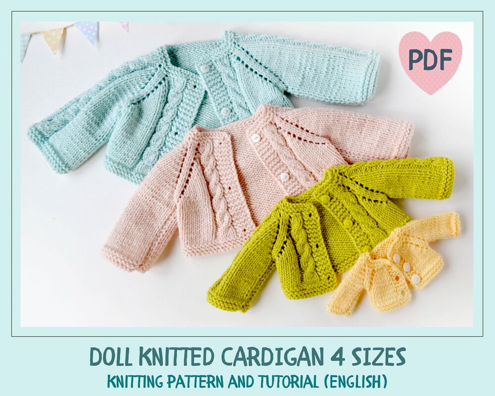 DIY Knitted cardigan for Waldorf dolls. 4 sizes. PDF knitting pattern