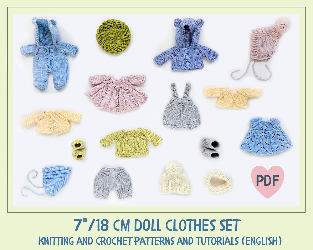 DIY Knitted clothes for a 7''/18 cm Waldorf doll. Bundle of 16 PDF patterns