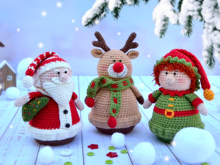 Christmas amigurumi decorations ornaments set. Santa Claus, Elf, Reindeer