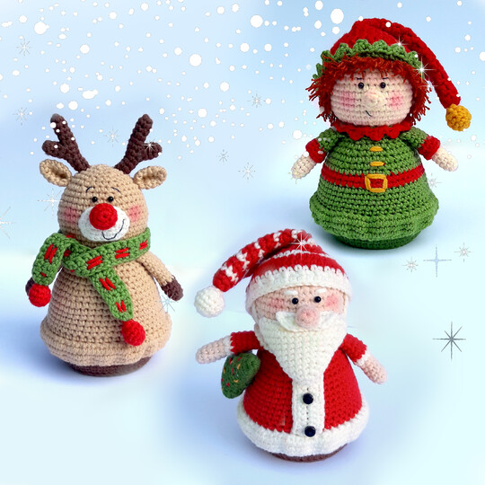 Christmas amigurumi decorations ornaments set. Santa Claus, Elf, Reindeer
