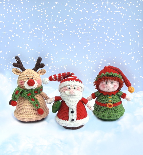 Christmas amigurumi decorations ornaments set. Santa Claus, Elf, Reindeer