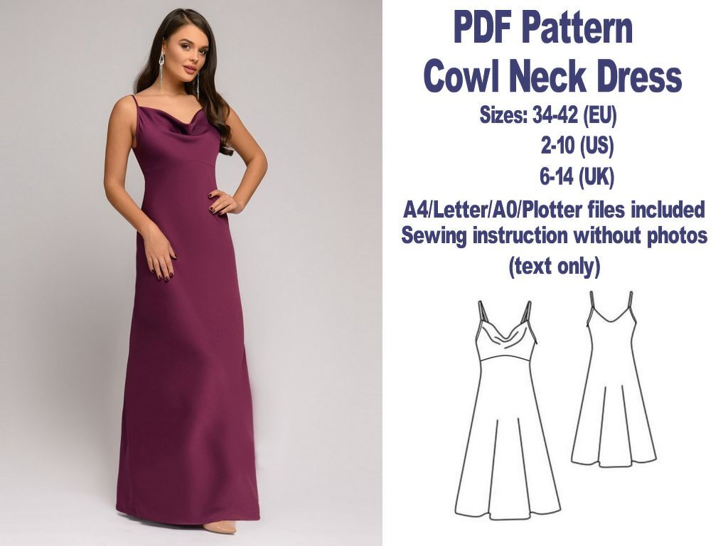 Cowl Neck Maxi Dress Pattern PDF Sewing Patterns Slip Dress Pattern