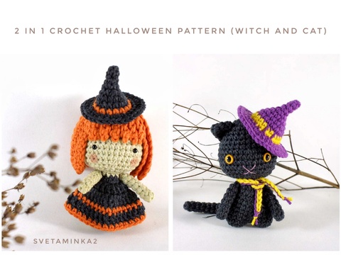 Crochet Halloween Pattern Amigurumi Witch Doll and Blac Cat in pointed hat