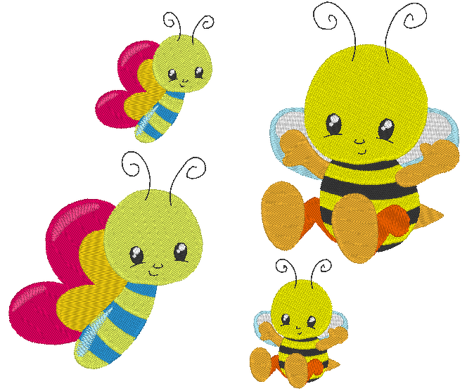 Vier gestickte Kinder-Motive: zwei gelbe Bienen mit schwarzen Streifen und zwei Schmetterlinge mit pinken Flügeln und grünen Köpfen