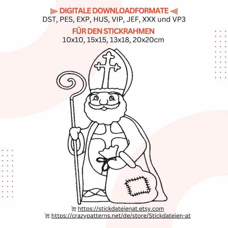 Nikolaus Stickdatei, Weihnachtliche digitale Stickvorlage in 4 Größen