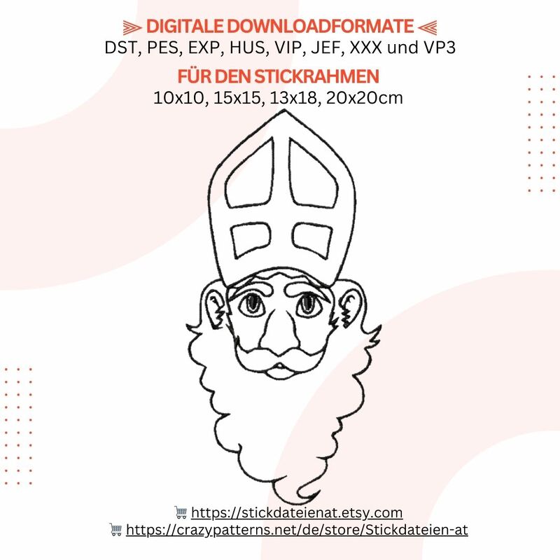 Nikolaus Stickdatei, Weihnachtliche digitale Stickvorlage in 4 Größen