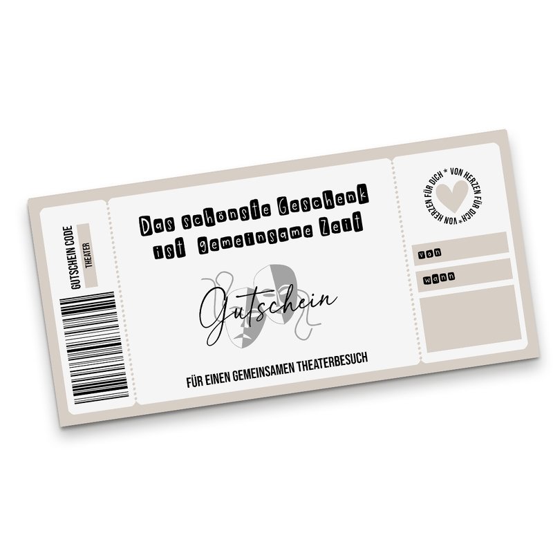 Beige Gutscheinvorlage mit Barcode, stilisierten Theatermasken und Feldern zum Eintragen von Absender und Datum für einen Theaterbesuch