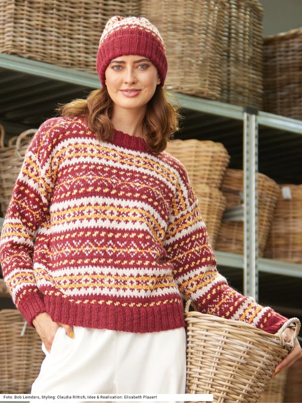 Norweger-Pulli und Mütze in Bordeaux, Beige, Gelb und Orange