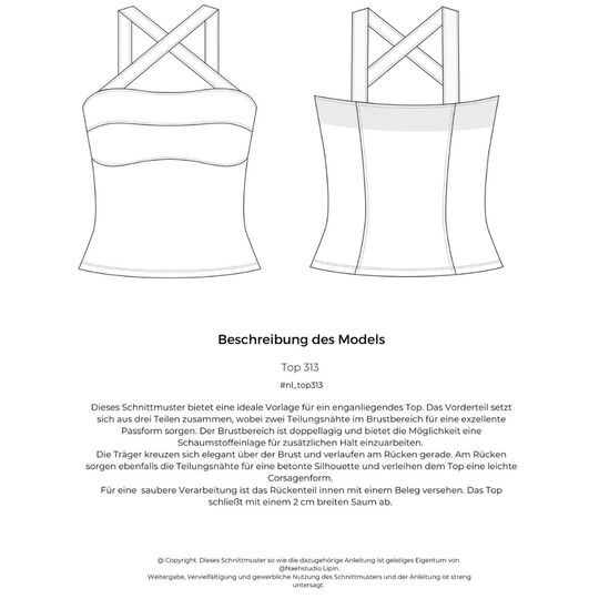 Top 313, Schnittmuster A4 / A0, Größe 34 - 50, rückenfrei, Trägertop