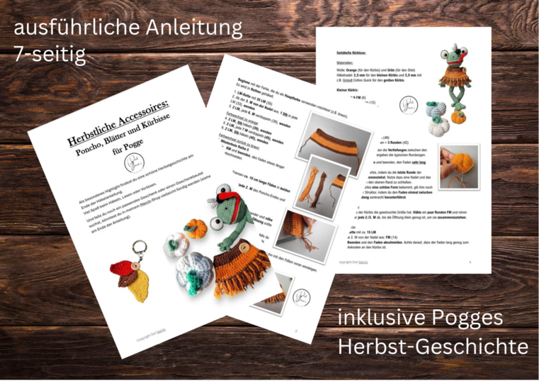 Häkelanleitung Poncho, Kürbis und Blätter für Pogge