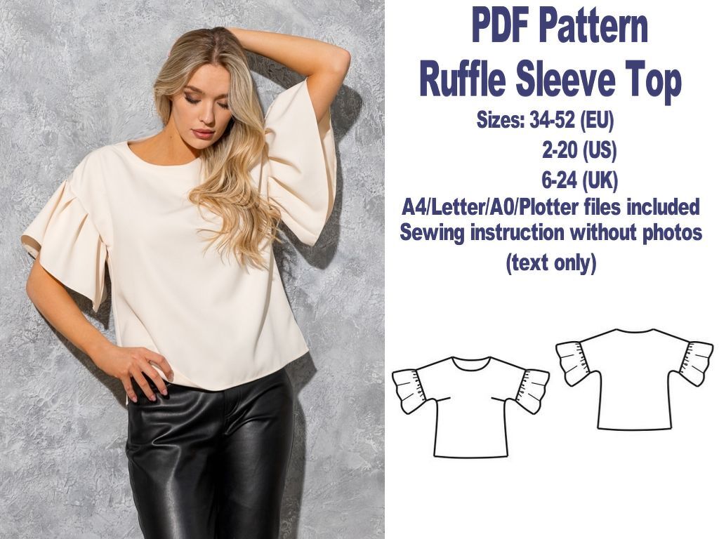 Ruffle Sleeve Top Pattern Blouse Pattern Sewing Patterns PDF Sewing Pattern