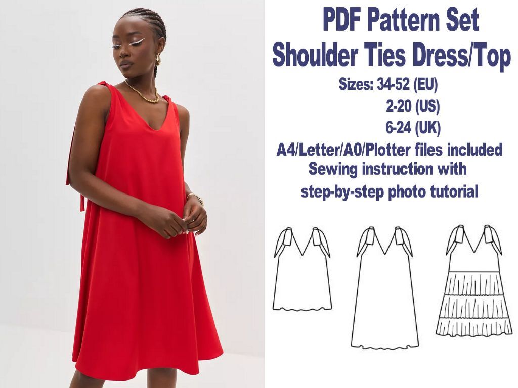 V-neck Shoulder Tie Dress Sewing Pattern PDF Tiered Dress Sewing Pattern