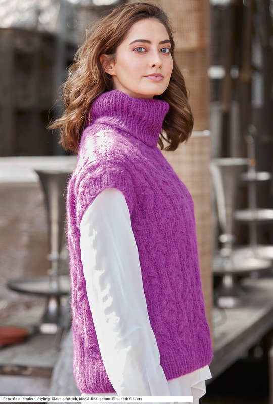 Pullunder mit Zopfmuster und Rollkragen in Fuchsia - Bild 4