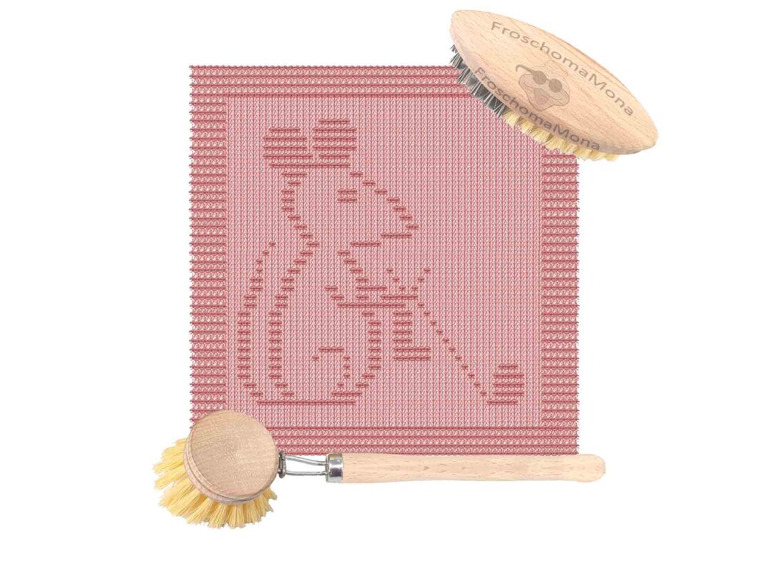 Rosafarbenes quadratisches Stricktuch mit eingestricktem Mäusemotiv und zwei Holzbürsten