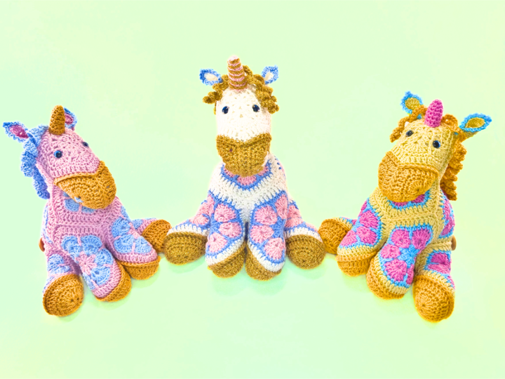 Unicorn crocheted with African Flowers crochet pattern PDF DYN