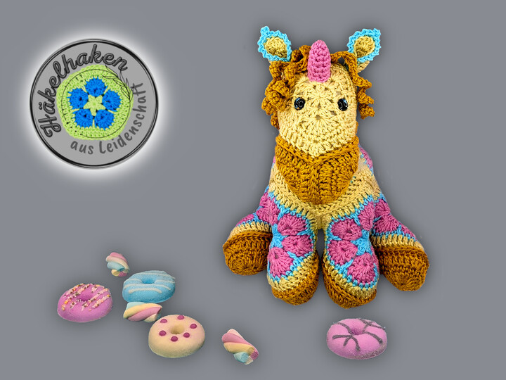Unicorn crocheted with African Flowers crochet pattern PDF DYN