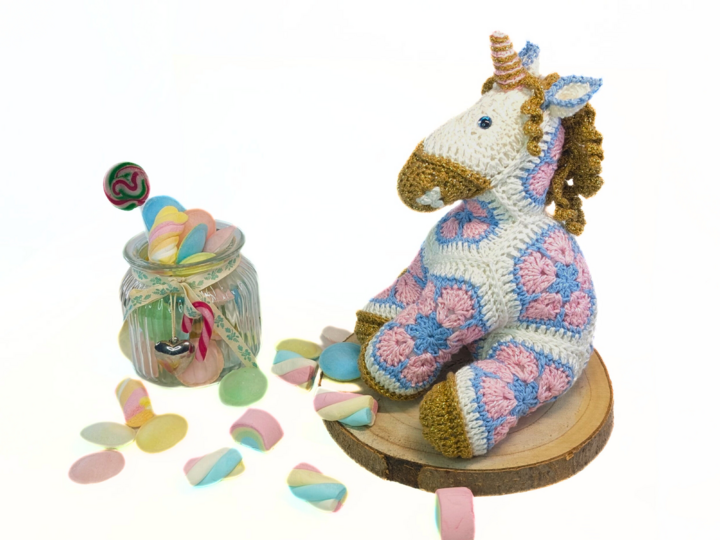 Unicorn crocheted with African Flowers crochet pattern PDF DYN