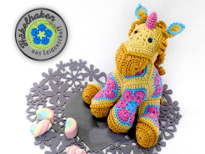 Unicorn crocheted with African Flowers crochet pattern PDF DYN