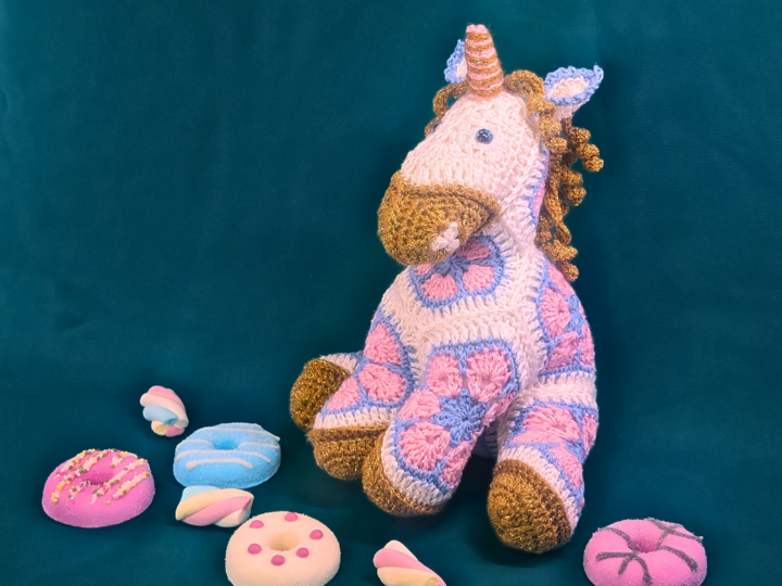 Unicorn crocheted with African Flowers crochet pattern PDF DYN