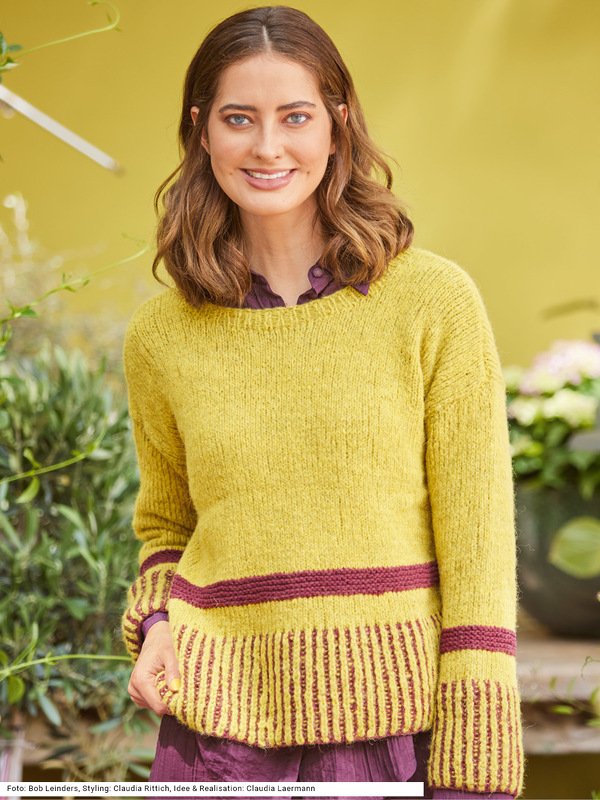 Pulli glatt rechts und mit zweifarbigem Patent in Bordeaux und Curry