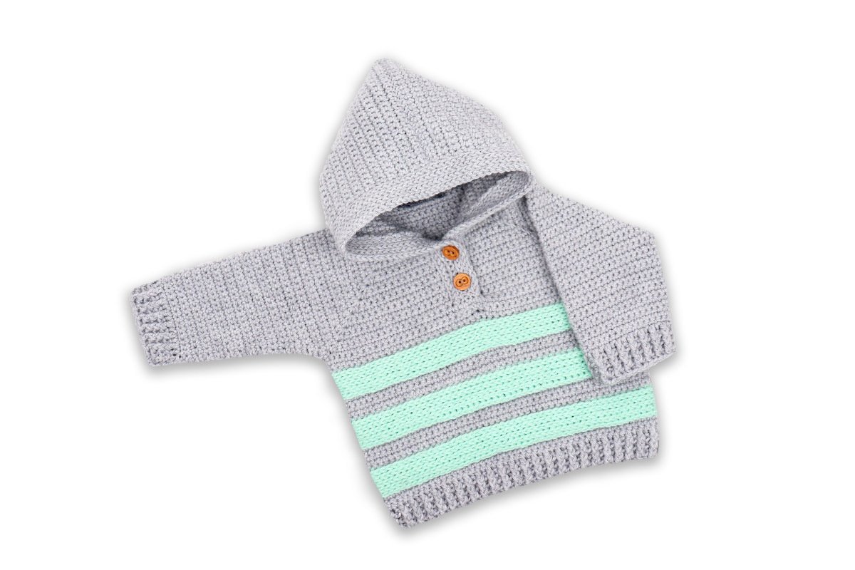 Light gray crocheted baby hoodie with mint stripes and two wooden buttons