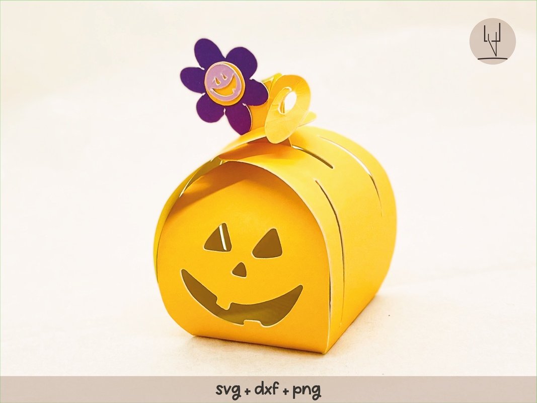 Geschenkschachtel Halloween-Kürbis lachend mit Blume - SVG DXF PDF png