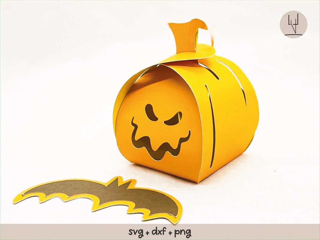 Gruseliger Halloween-Kürbis mit Fledermaus, Geschenkschachtel SVG DXF PDF