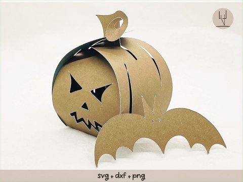 Halloween-Kürbis mit gruseligem Gesicht und Fledermaus, Geschenkkarton