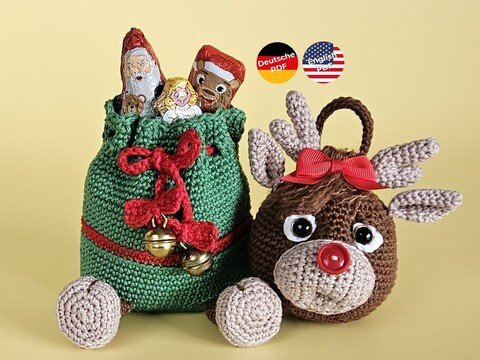 Geschenksäckchen Rentier mit Christbaumkugel - Amigurumi Häkelanleitung
