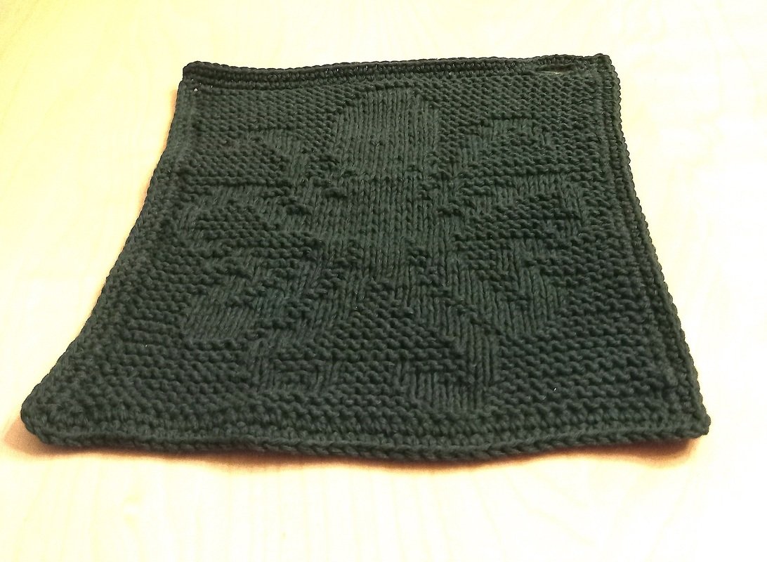 Dunkelgrüner gestrickter Topflappen mit erhabenem geometrischem Muster auf hellem Untergrund