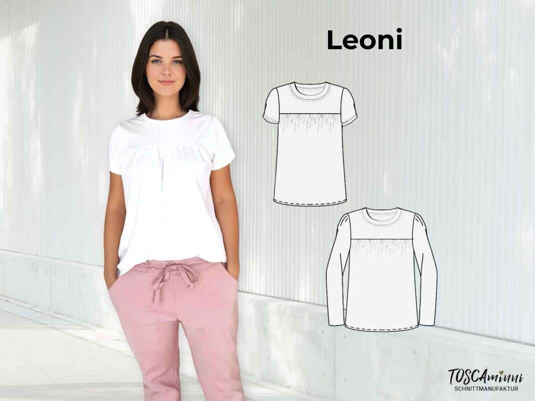 Schnittmuster Shirt Leonie Gr 34-54, langarm, kurzarm mit Passe + Nähvideo